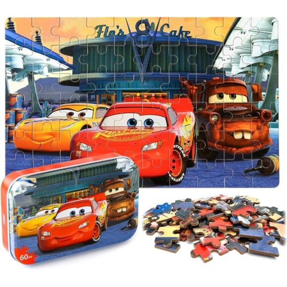 Car Jigsaw Puzzles in a Metal Box 60 Pieces Lightning Jigsaw Puzzle for Kids - Picture 1 of 7